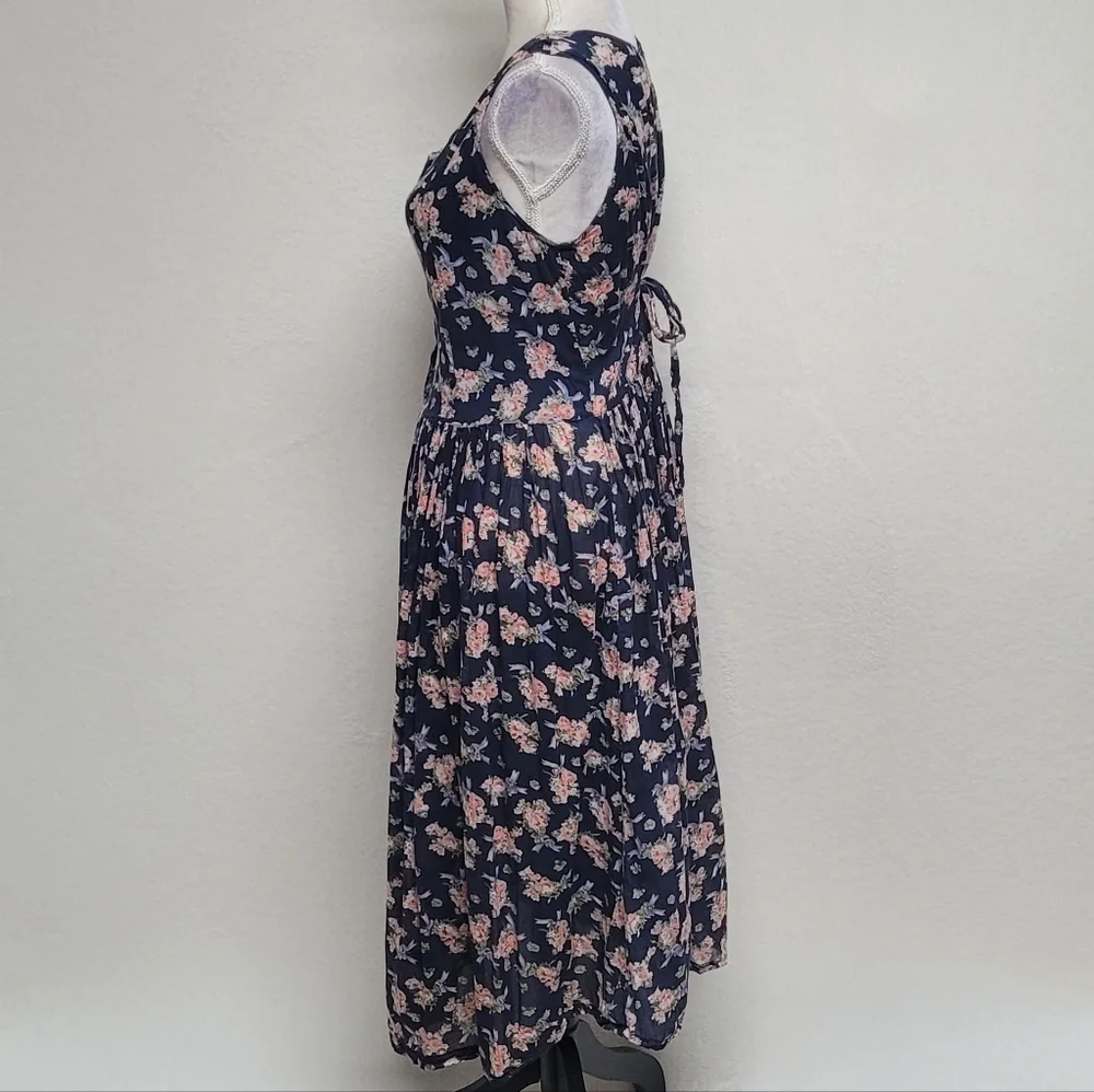 1970s Vintage Sita Blue Pink Floral Scoop Neck Tie-Waist Fit & Flare Midi Dress - Picture 7 of 12